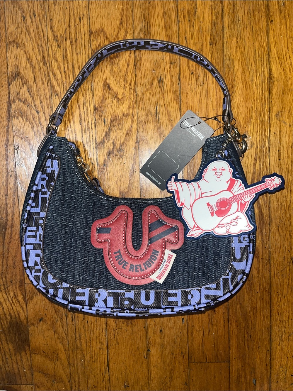NWT True Religion Denim Shoulder Bag with Red Crest and Two Charms - Picture 3 of 14